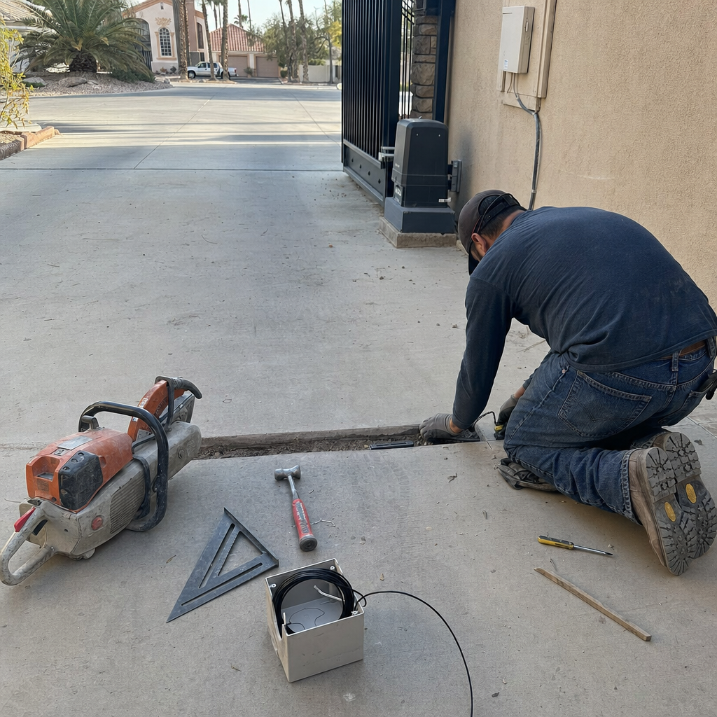 Gate access control installation with tools and equipment. in Las Vegas, NV