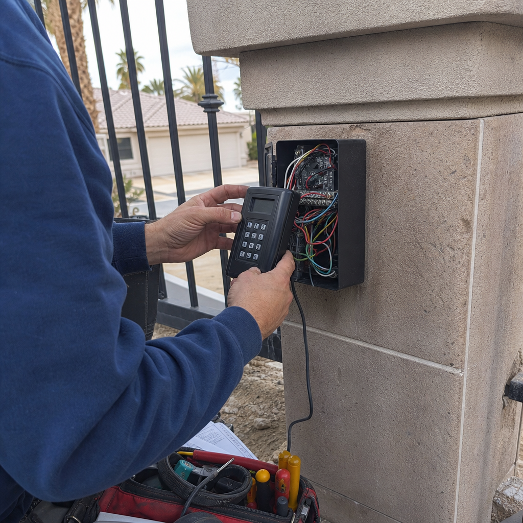 Gate access control system installation by technician in Las Vegas, NV