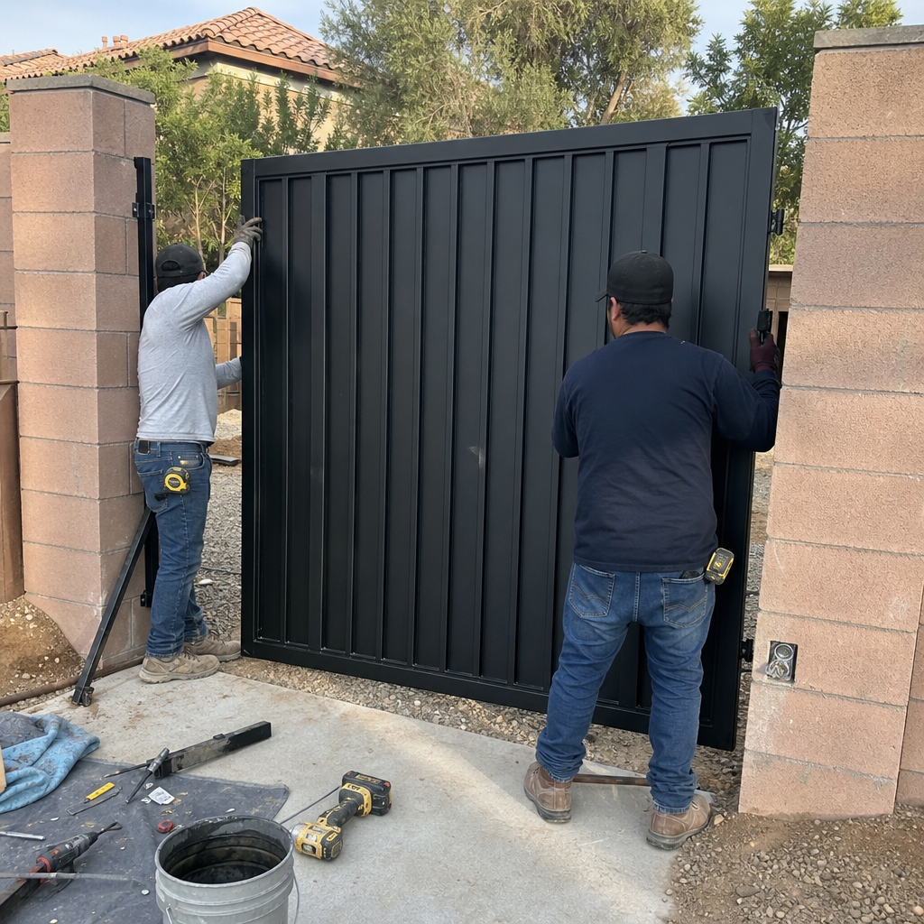 Workers install a black metal gate between brick pillars