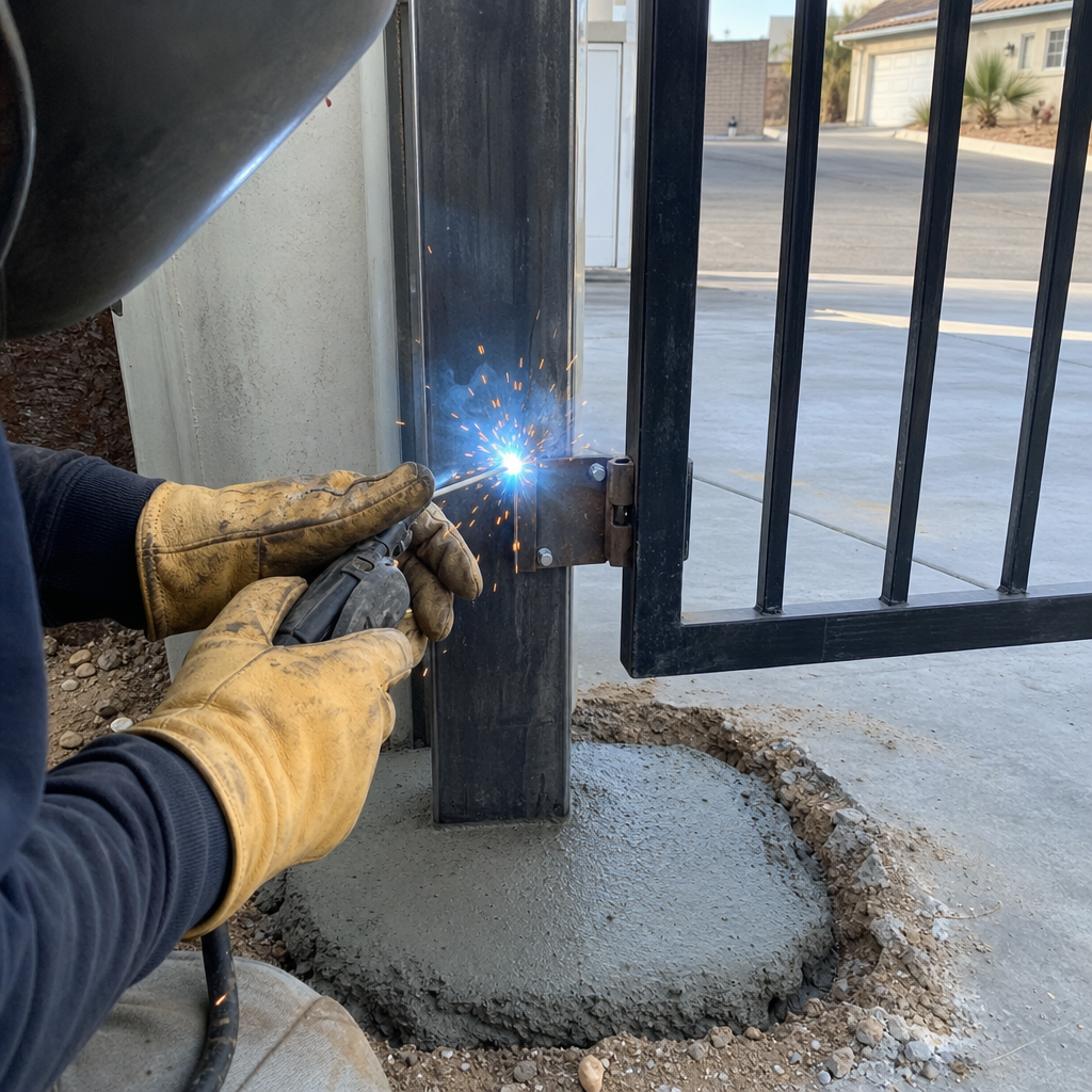 Professional welding a gate hinge during gate installation
