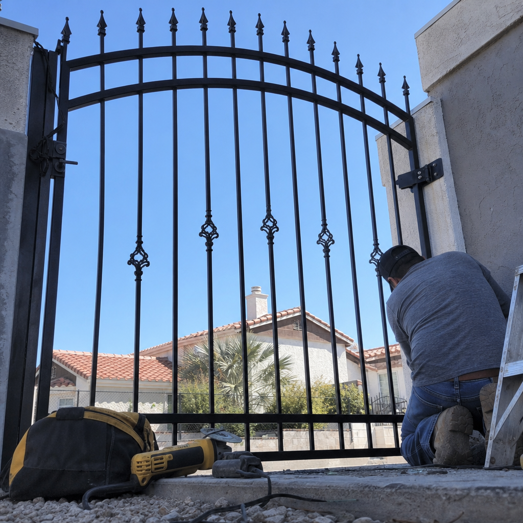 Gate installation with black wrought iron and sunny sky