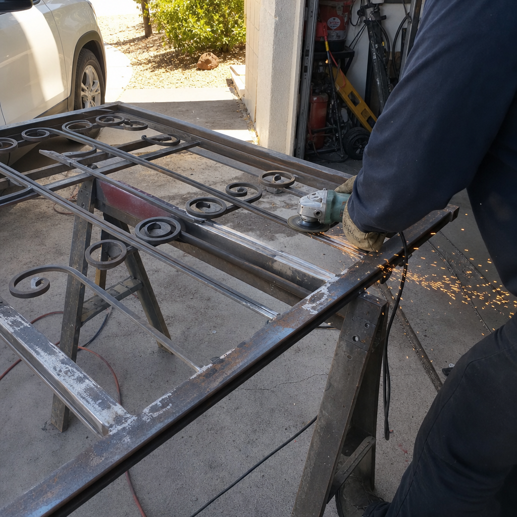 Gate parts and welding with sparks from grinder in Las Vegas, NV