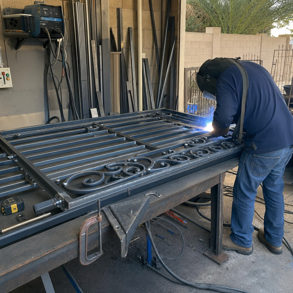 Welder repairing decorative iron gate parts with welding in Las Vegas, NV