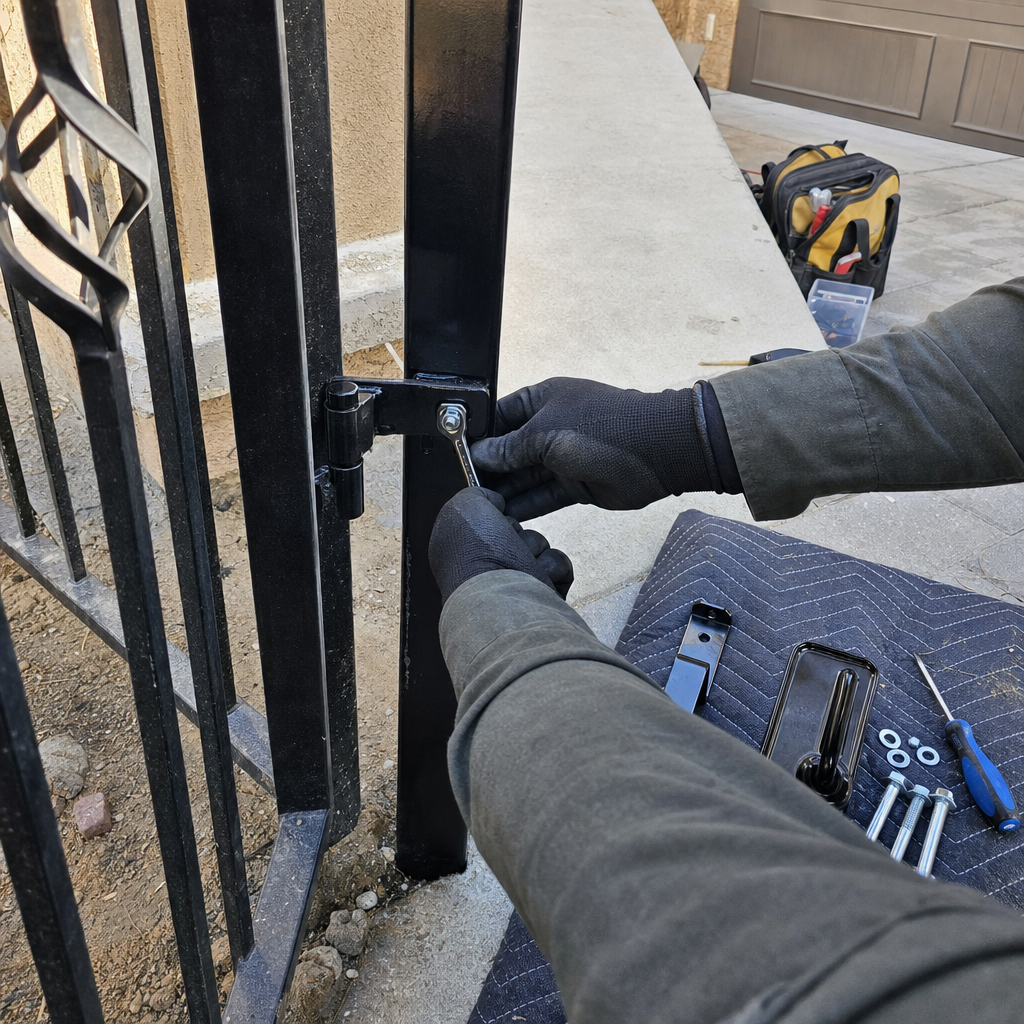 Gate repair technician tightening hinge bolt with wrench.
